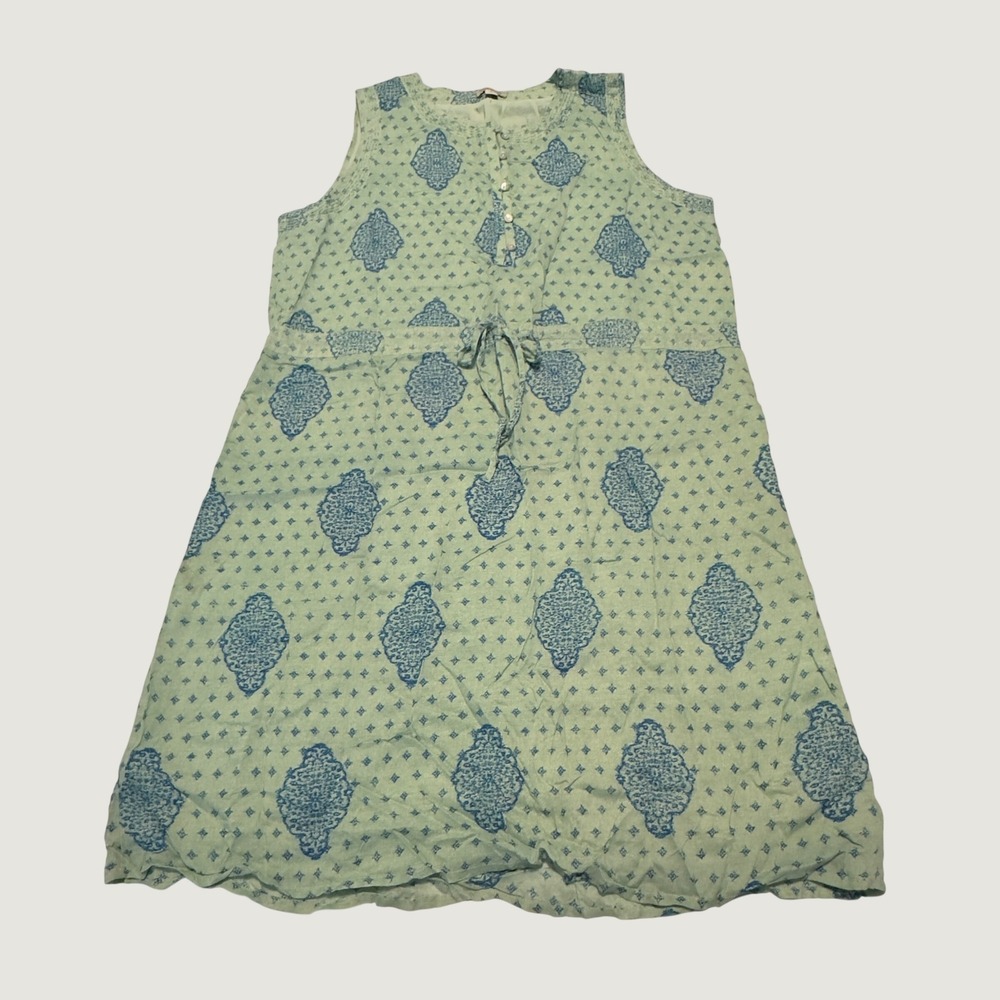 Lucky Brand Dress Green Blue Block Print Sleeveless Boho Modern Large L Summer